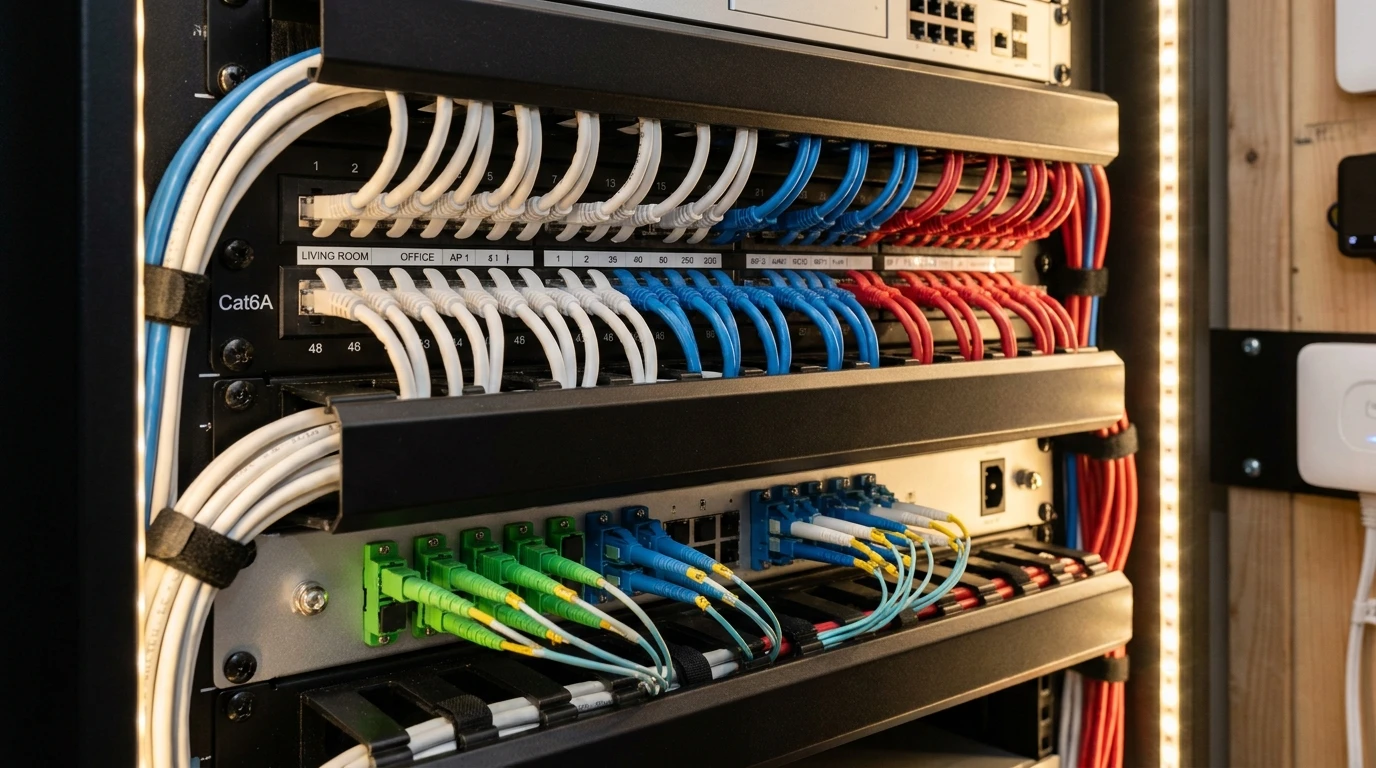 Strukturierte Cat6A-Netzwerkverkabelung mit Patchpanel im Limmattal