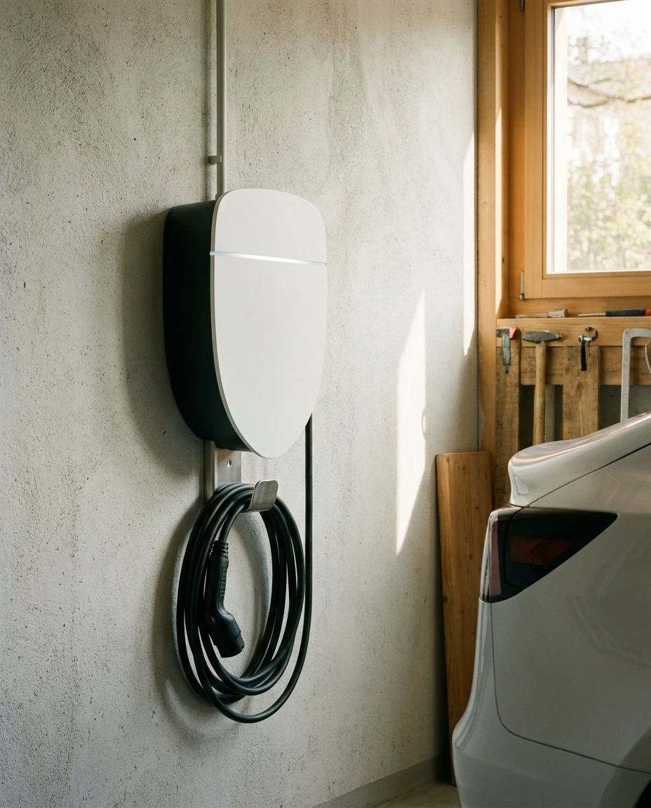 Fertig montierte Wallbox mit sauber geführter Zuleitung an der Betonwand