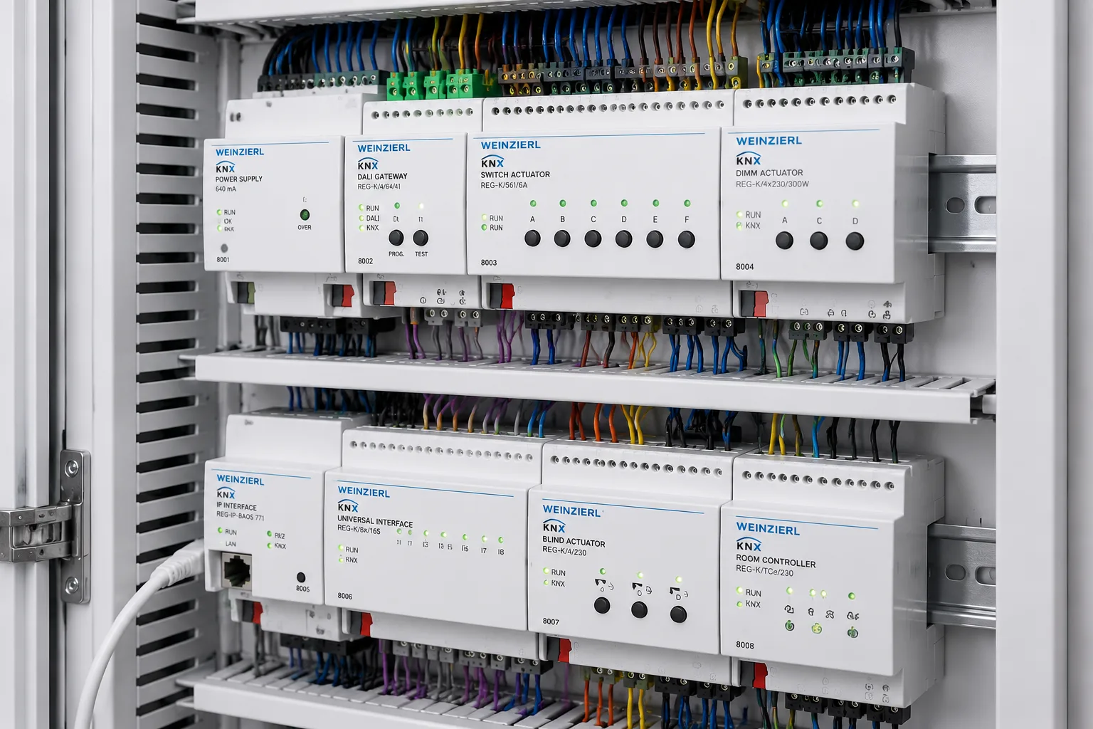 KNX-Reiheneinbaugeräte auf der Hutschiene im Schrank aus der Nähe