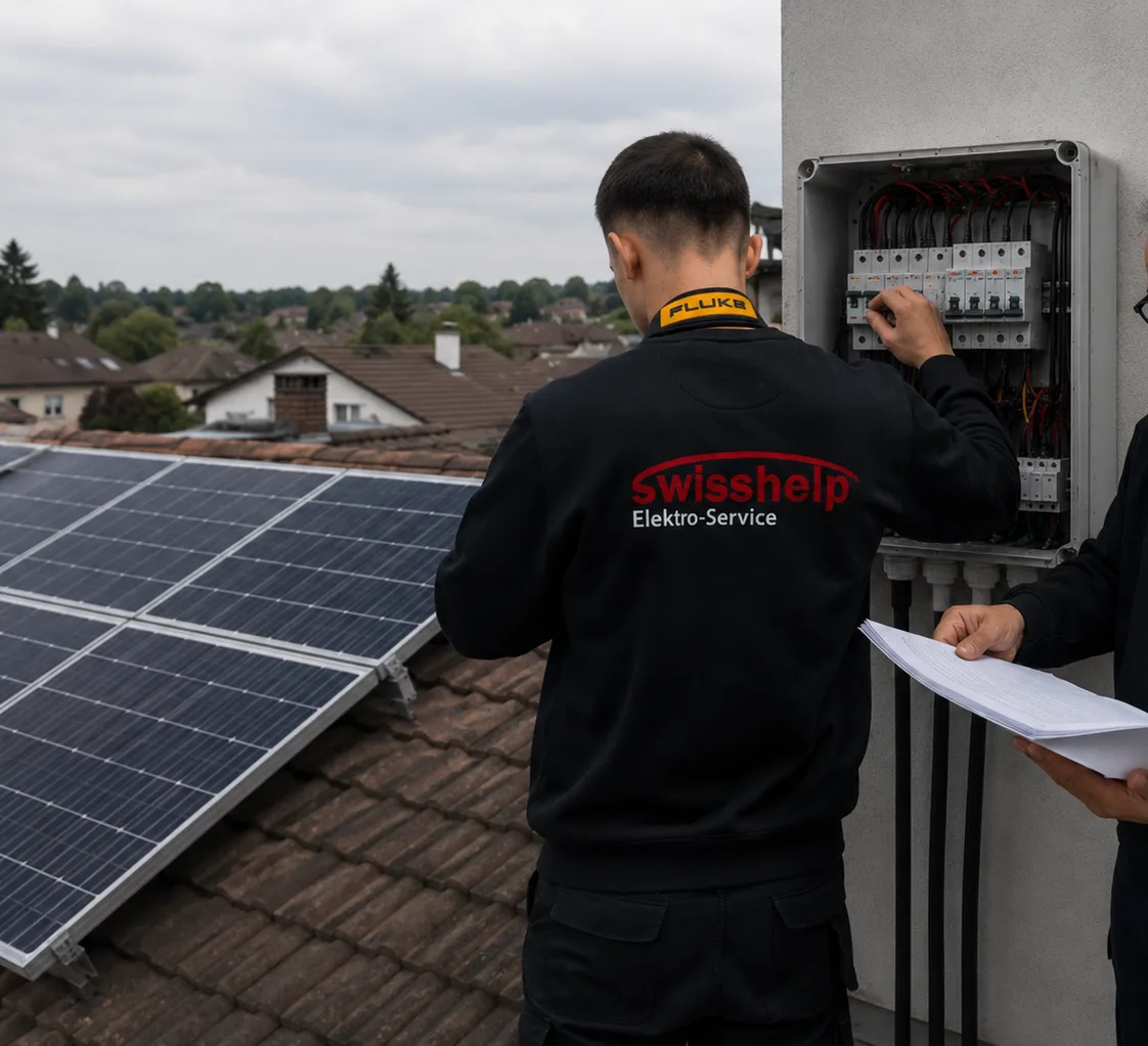 Monteur von Swisshelp Elektro am offenen PV-Schrank auf dem Dach, Kollege mit Plan