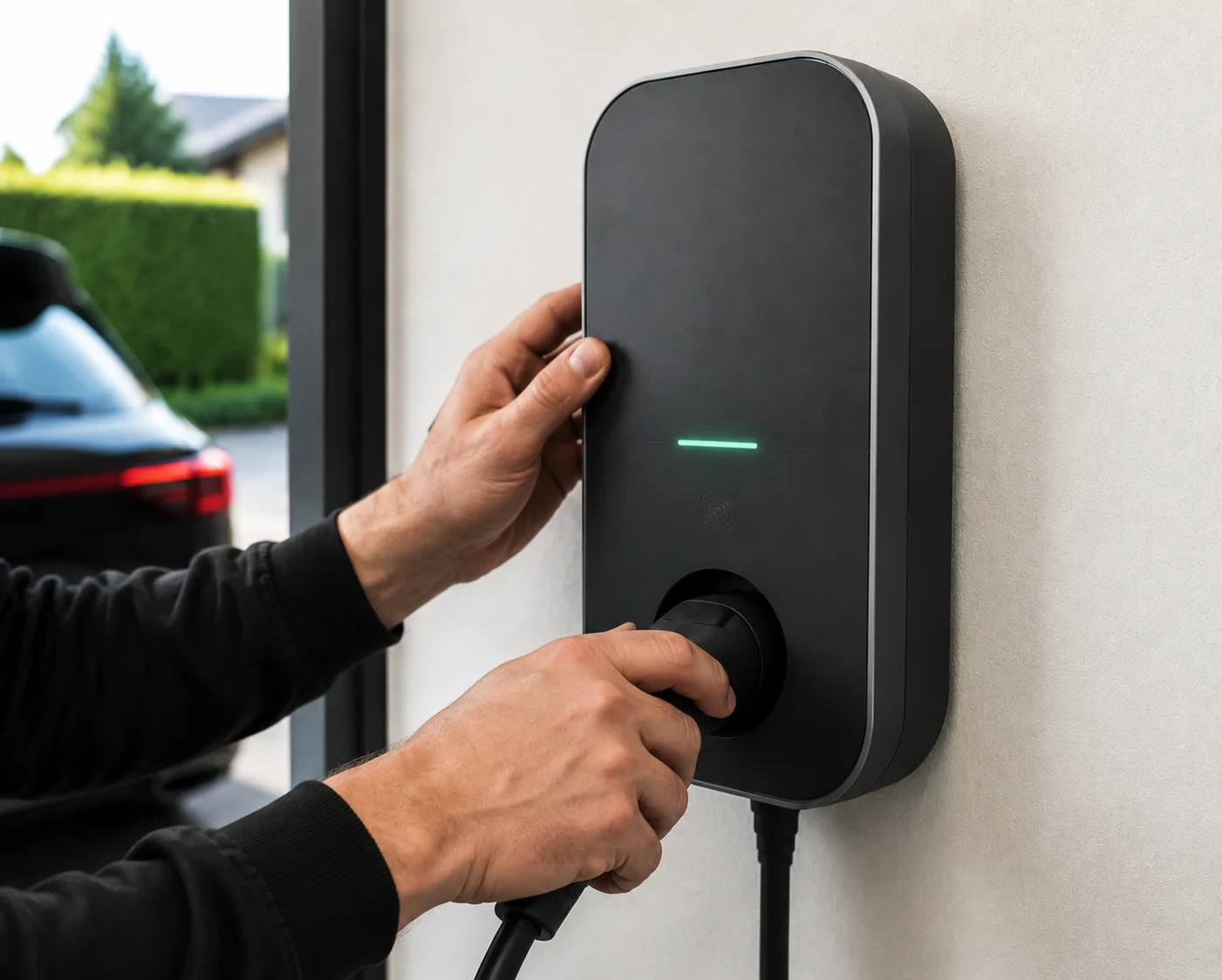 Hand steckt den Ladestecker in eine an der Wand montierte Wallbox